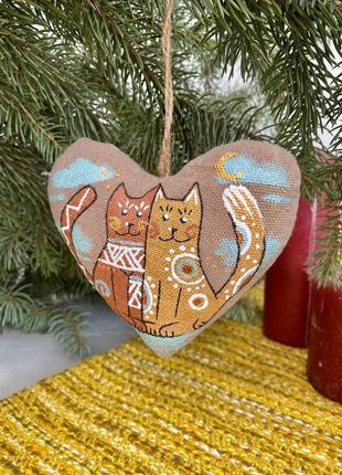 Сувенір кавовий ароматизований "серце з котами" ручної роботи, handmade новорічний декор котики на ялинку