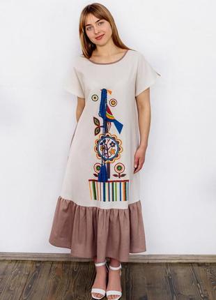 Сукня жіноча літня лляна бежева "ptakha" з кольоровою вишивкою
