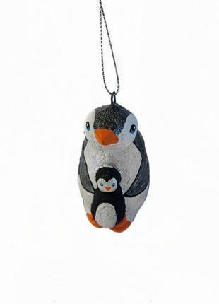 Ялинкова іграшка скульптурна "пінгвін з пінгвинятком" ручної роботи, handmade милий етнічний декор