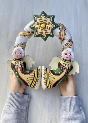 Різдвяний віночок золотистий текстильний «з ангеликами» ручної роботи, handmade святковий зимовий декор