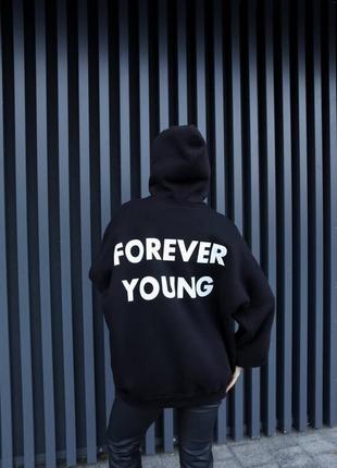 Удлиненное худи с двойным капюшоном с принтом надписью forever young «вечно молодой»