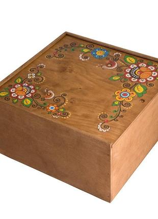 Дерев'яна коробка з фанери 32*32 ручної роботи темного кольору з ручним розписом пташкою1 фото