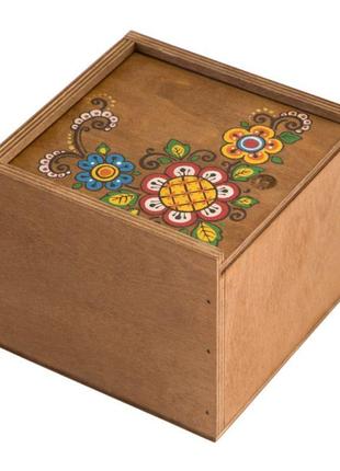 Коробка з фанери квадратна 14*14 темна з намальованою вручну пташкою, handmade подарункова коробочка