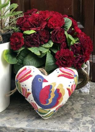 Сувенір ароматизований ванільний текстильний "серце з фіолетовою пташкою" ручної роботи, handmade милий декор