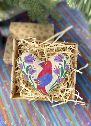 Сувенір ароматизований ванільний текстильний "серце з рожевою пташкою" ручної роботи, handmade милий декор3 фото