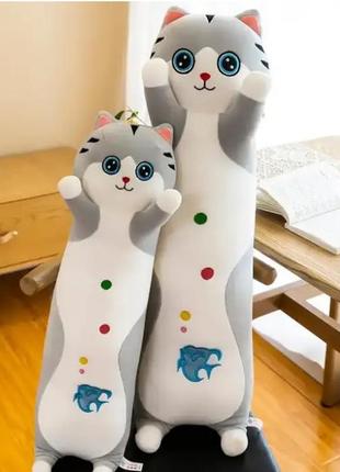 Іграшка-обіймашка кіт-батон з візерунками на животику, плюшева іграшка-подушка довгий сірий котик, 60 см, для вагітних ,антистрес