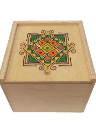 Дерев'яна коробка ручної роботи  14*14 з фанери світла з графічним ручним етнічним розписом1 фото