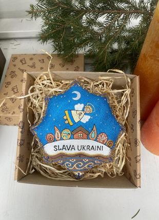 Сувенір текстильний кавовий ароматизований зірка різдвяна "слава україні з янголом" ручної роботи, handmade6 фото