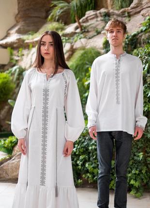 Парні вишиванки білі лляні "barvinok" зі срібною вишивкою сукня + сорочка
