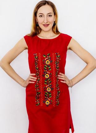 Сукня туніка жіноча льняна червона "dnister" ручної роботи з якісною машинною вишивкою3 фото