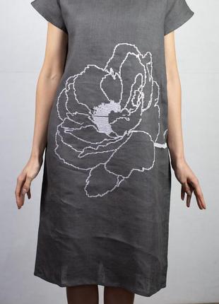 Сукня - туніка жіноча лляна сіра "kvitka" міді з білою вишивкою5 фото