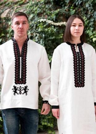 Парні вишиванки лляні білі "lvivski" із ручною вишивкою хрестиком сукня + сорочка2 фото