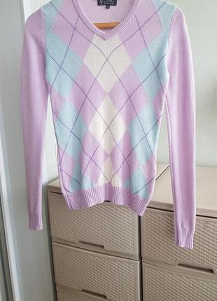 Шерстяной свитер с ромбами сиреневый пуловер джемпер3 фото