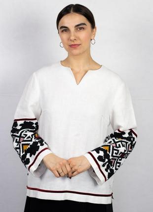 Сорочка жіноча лляна біла "геометричні рукави" ручної вишивки, жіноча вишиванка
