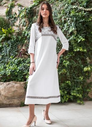 Сукня жіноча лляна біла з срібною вишивкою "lileya" міді дизайнерська1 фото