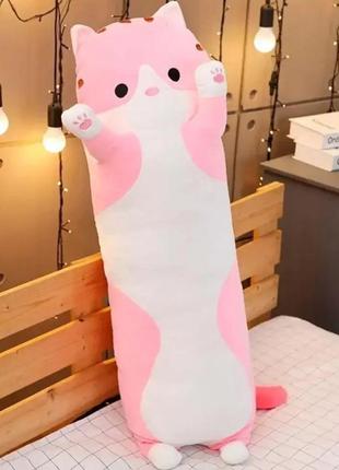 М'яка іграшка плюшева подушка довгий кіт батон антистрес рожевий 90 см, для вагітних подушка, гіпералергенна  подушка обіймашка5 фото