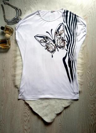 Белая футболка оверсайз натуральная длинная майка с принтом бабочкой батал большого размера