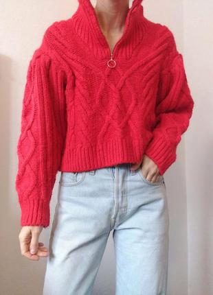Красный свитер зеп горловина свитер с замком джемпер пуловер реглан лонгслив кофта трендовый свитер шерсть джемпер поло свитер