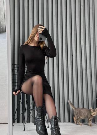 Силуэтное платье с длинными рукавами и разрезом на ноге 🔥4 фото