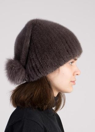 Женская вязаная зимняя теплая меховая шапка из норки