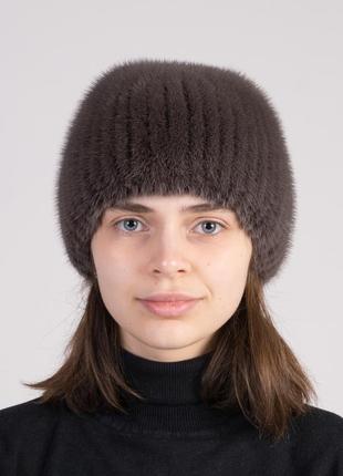 Женская вязаная зимняя теплая меховая шапка из норки3 фото