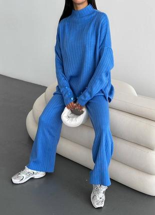 Трендовый костюм в рубчик оверсайз шерстяной акриловый кофта свободного кроя удлиненная брюки с высокой посадкой на резинке палаццо широкие3 фото