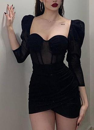 Роскошное черное блестящее платье из люрекса в корсетном стиле🖤