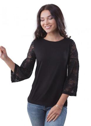 Блузка жіноча чорна з мереживними рукавами1 фото