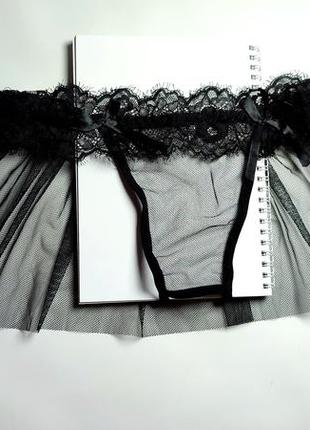 Эротическое белье женские трусики с доступом трусы прозрачная сеточка стринги черные с бантом сексуальные с фатой1 фото