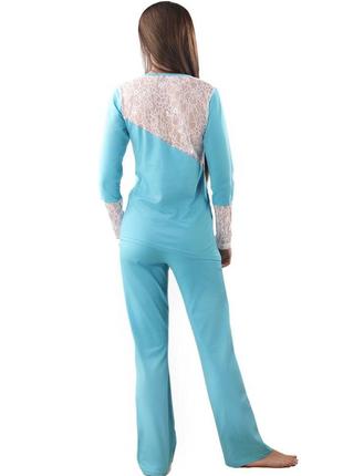 Женская пижама голубая трикотажная с кружевом (кофта и штаны)2 фото