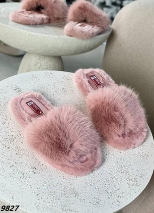 Пудра рожеві жіночі пухнасті капці тапочки пухнасті шльопки шльопанці4 фото