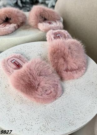 Пудра рожеві жіночі пухнасті капці тапочки пухнасті шльопки шльопанці3 фото