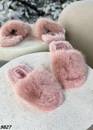 Пудра рожеві жіночі пухнасті капці тапочки пухнасті шльопки шльопанці5 фото