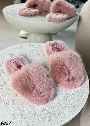 Пудра рожеві жіночі пухнасті капці тапочки пухнасті шльопки шльопанці2 фото