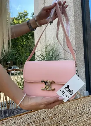 Женская сумка в стиле celine teen triomphe bag in shiny calfskin pink селин пудра