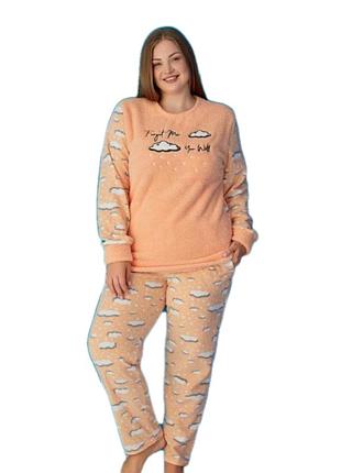 Тепла фліс +махра батал піжама/великий домашній костюм кофта і штани 50-56