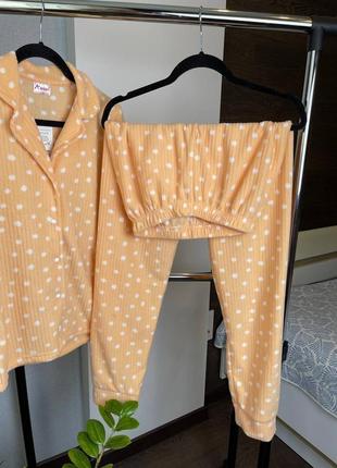 Персиковая флисовая пижама в рубчик/домашний костюм рубашка и брюки3 фото
