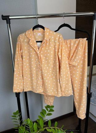 Персиковая флисовая пижама в рубчик/домашний костюм рубашка и брюки1 фото