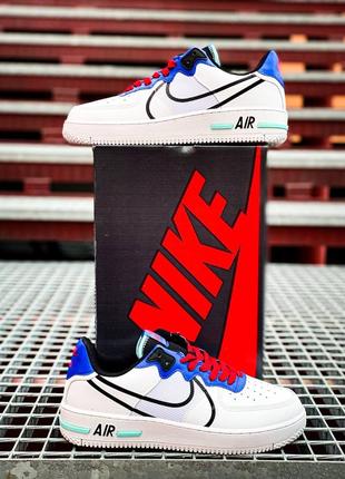 Женские кроссовки nike air force 1 low react white blue белого с синим цветами