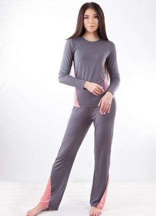 Пижама женская серая трикотажная с кружевом (кофта и штаны)
