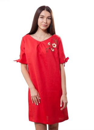 Платье женское красное с вышивкой из льна3 фото