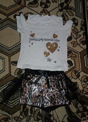Летний детский шикарный костюм футболка плюс шорты юбка фатин леопардовый костюм в пайетках турция