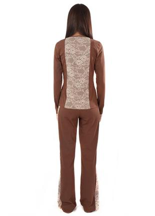 Женская пижама коричневая хлопковая с кружевом (кофта и штаны)2 фото