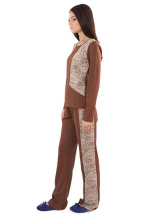 Женская пижама коричневая хлопковая с кружевом (кофта и штаны)3 фото