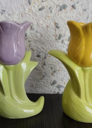Винтажные голландские подсвечники с тюльпанами керамика1 фото