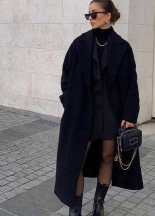 Пальто женское кашемировое однотонное свободного кроя с поясом качественное стильное базовое черное