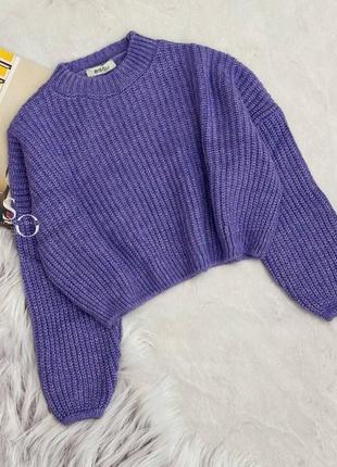 Вязаный свитер свободного кроя с длинными рукавами укороченный теплый стильный базовый кофта синий желтый фиолетовый розовый красный3 фото