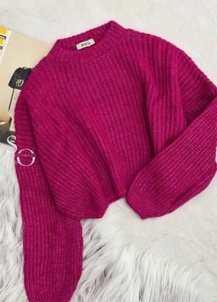 Вязаный свитер свободного кроя с длинными рукавами укороченный теплый стильный базовый кофта синий желтый фиолетовый розовый красный6 фото