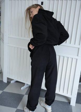 Флисовый спортивный костюм толстовка худи на молнии оверсайз брюки свободный комплект черный зимний трендовый стильный