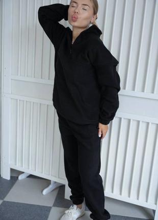 Флисовый спортивный костюм толстовка худи на молнии оверсайз брюки свободный комплект черный зимний трендовый стильный2 фото